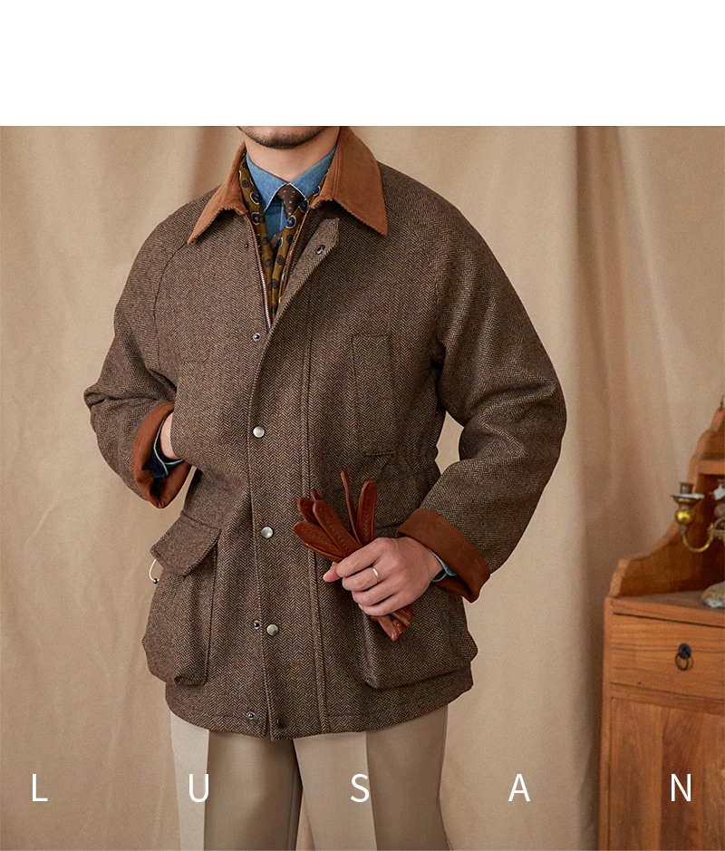 Italienische Herbst- und Winterjacke aus 50% Wolle, Jagdjacke, Alltagstaugliche Vielseitige Jacke mit Kontrastkragen, Warme Retro-Jacke für Herren – Detail 39
