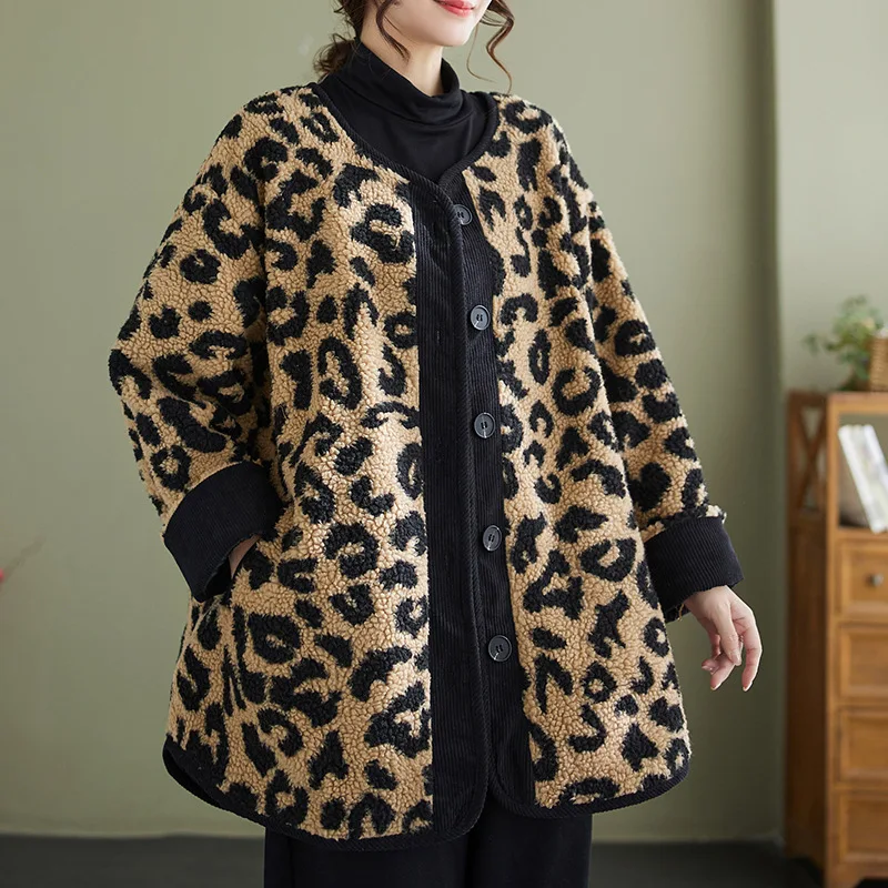 Leopard Print Loose Jacket, Plus Size Women's Polar Fleece Coat