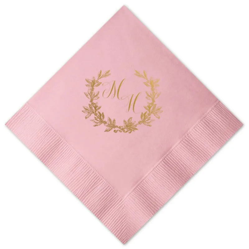 

50pcs Personalized Wedding Napkins Personalize Laurel Wreath Monogram Rustic Custom Bar Napkins Reception Lost of Colors Avail