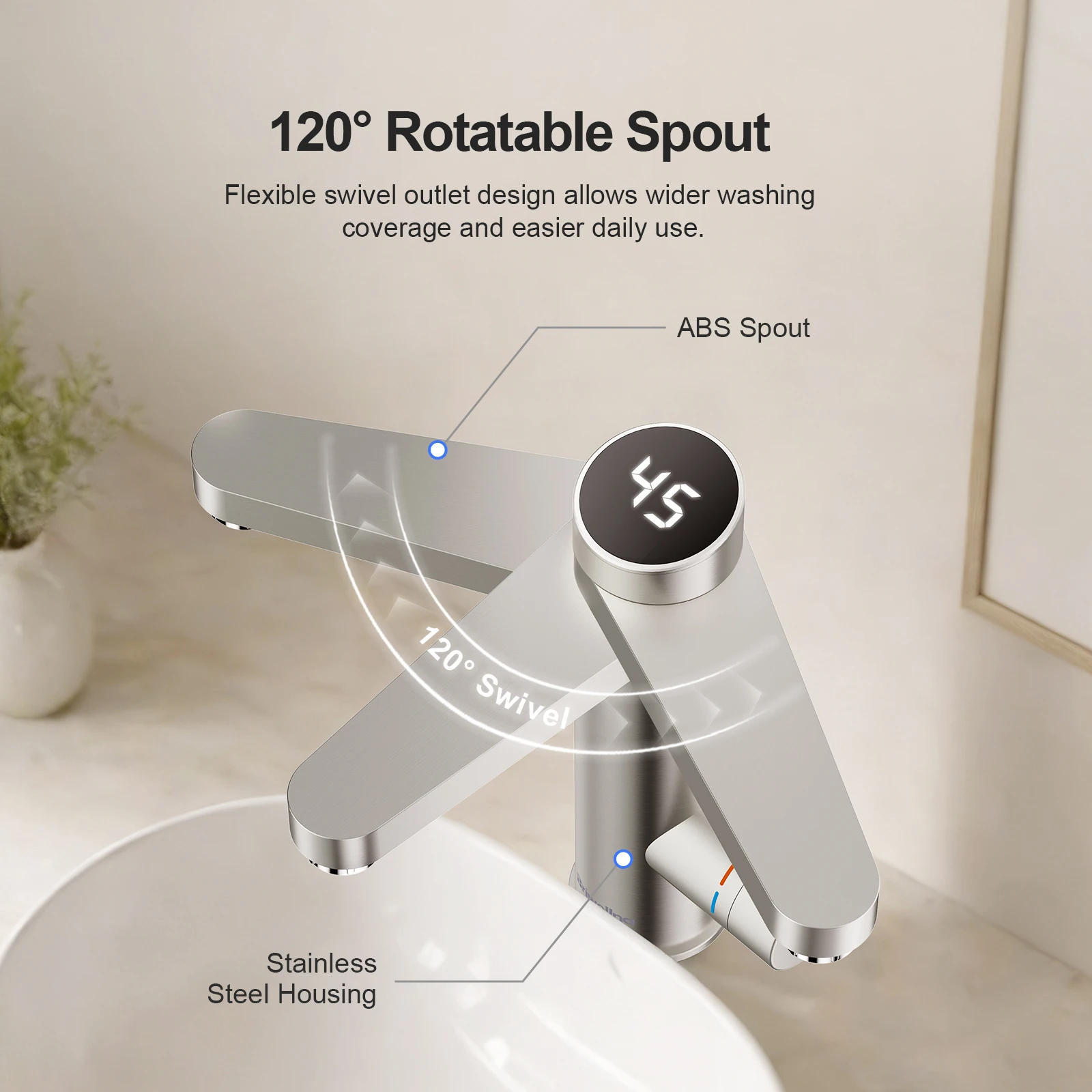 Briwellna Electric Water Heater Tap 220V Bathroom Faucet 120° Rotation Silver Tankless Water Heater Tap Stainless Steel Faucet 2