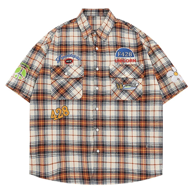 

Hip Hop Plaid Short Sleeve Shirt Men Vintage Letter Embroidery Streetwear Summer Pocket Decoration Casual Lapel Half-Sleeve Tops