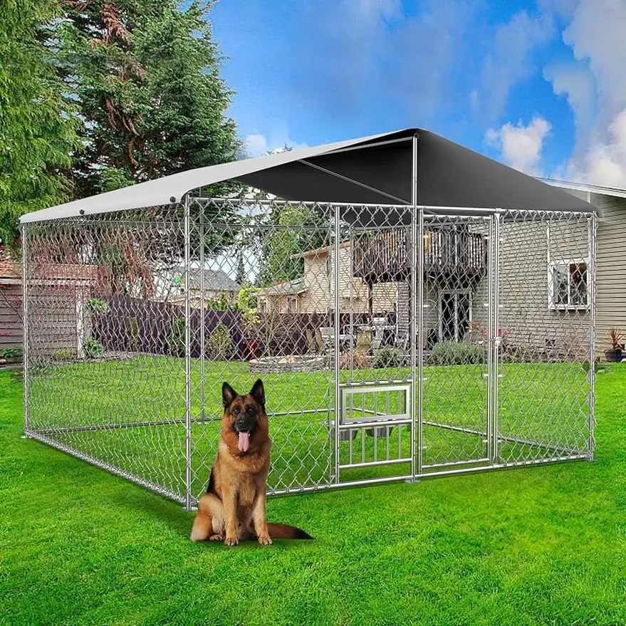 

Dog Kennel Outdoor with Roof and Openable Feeding Doors, Large Dog House Pen Enclosure Heavy Duty Chain Link Dog Kennel