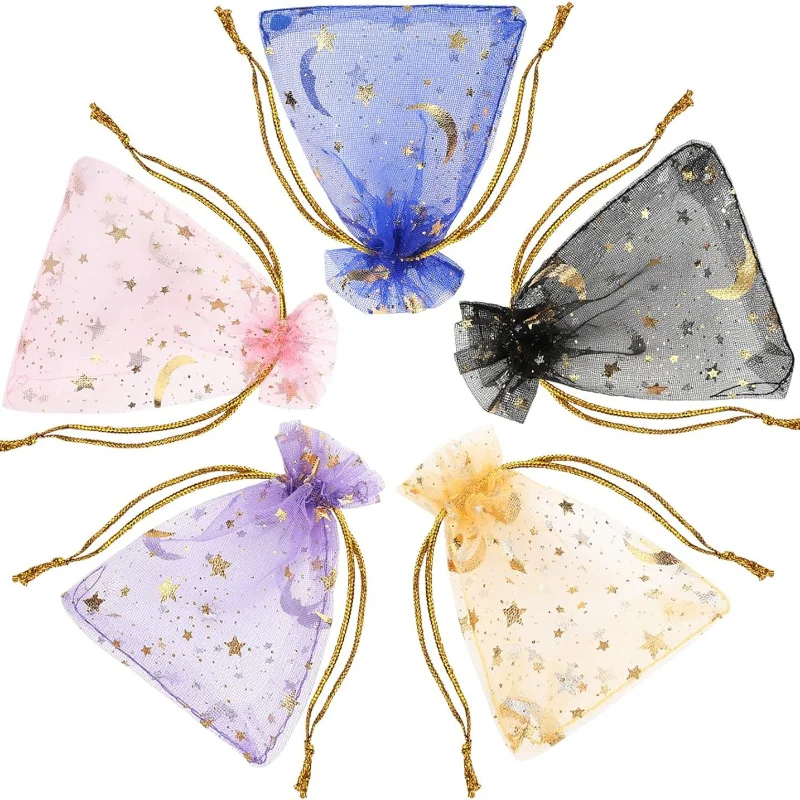 20pcs/Lot Printing Star Moon Christmas Organza Sack Drawstring Charm Packaging Bags for Christmas Wedding 3 sizes