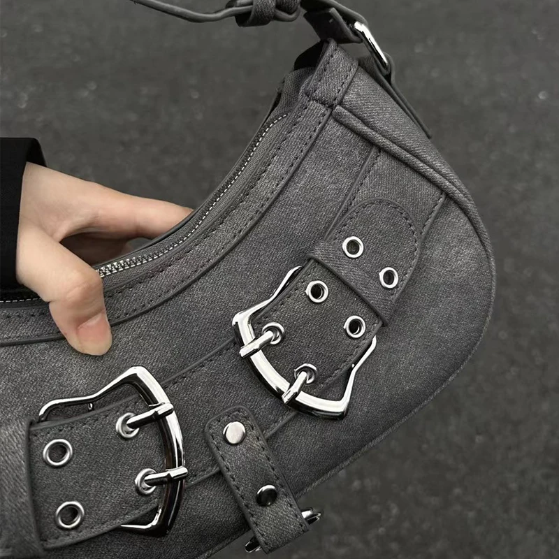 Sweet Cool Denim Grey Shoulder Bag Women Y2k Grunge Hot Girls Casual Handbag Lady Vintage Versatile Underarm Bag Autumn