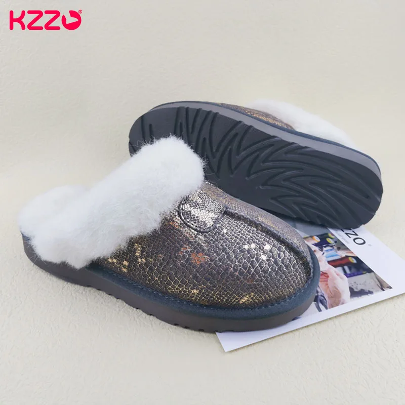 KZZO New Arrive Genuine Leather Slippers Fashion Female Winter Slippers Women Warm Indoor Slippers Soft Wool Lady Home Shoes 5
