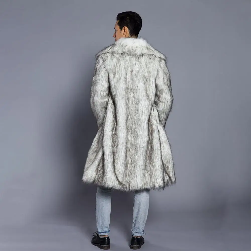 Men Long Faux Fur Overcoat Lapel Long Sleeve Windproof Open Front Coat Thickened Warm Imitation Fur Outwear