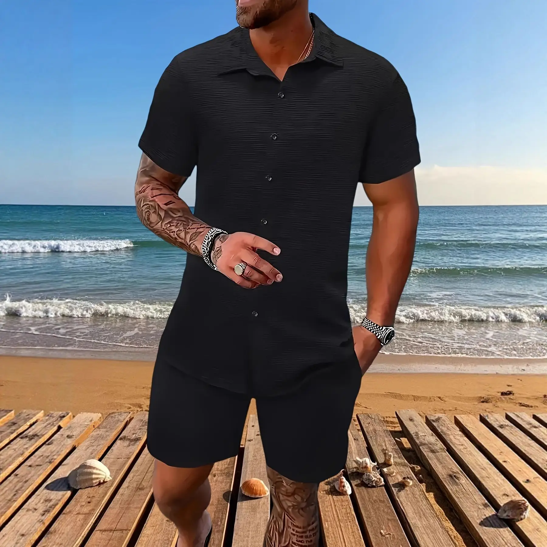 Herren Neues Freizeit-2-Teiler-Set: Einfarbiges Jacquard-Hemd mit Revers und Kurzarm, Shorts mit Kordelzug – Sommer-Outdoor-Reiseanzüge – Detail 3
