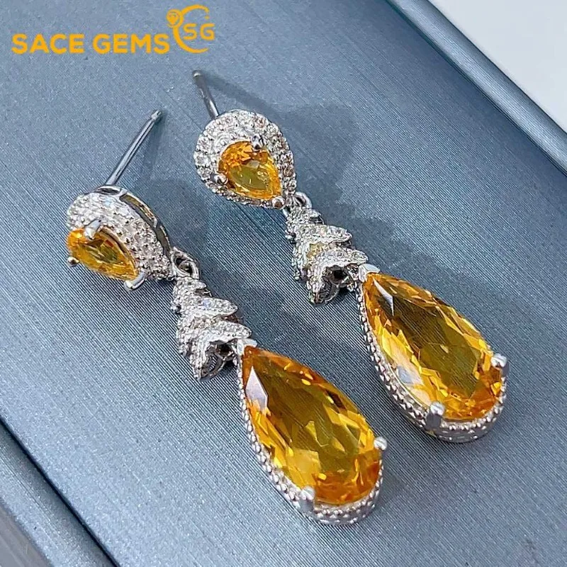 

SACE GEMS Fashion Jewelry Earrings for Women 925 Sterling Silver 7*14MM Natual Citrine Stud Earrings Wedding Party Fine Jewelry