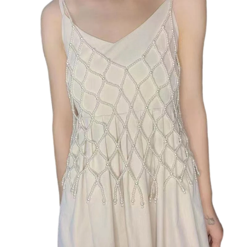 

Woven Body Chain Camisole Imitation Pearl Vest Hollow Mesh Top Body Jewelry