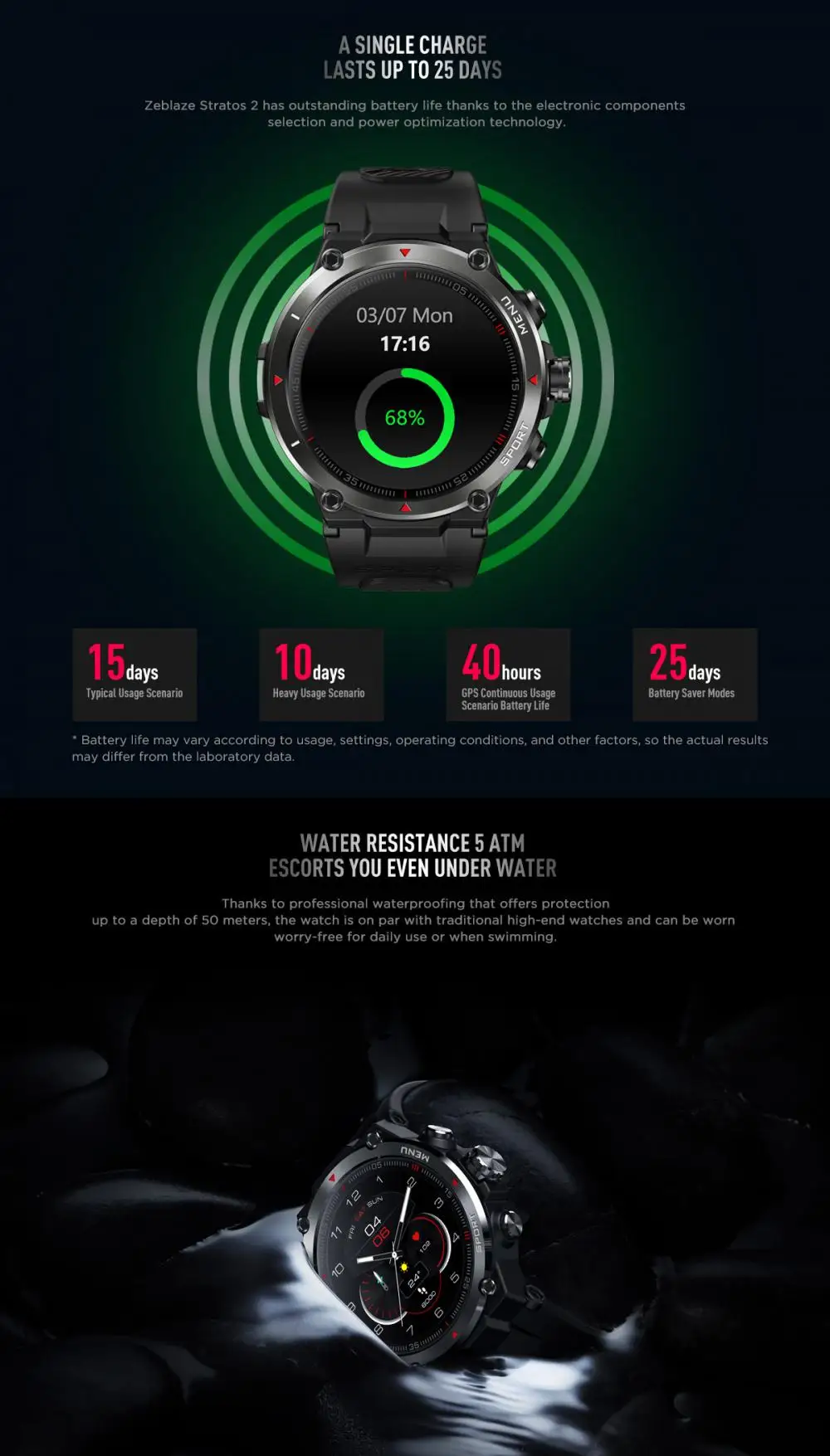 Esporte resistente à água relógio zeblaze stratos 2 gps smartwatch para