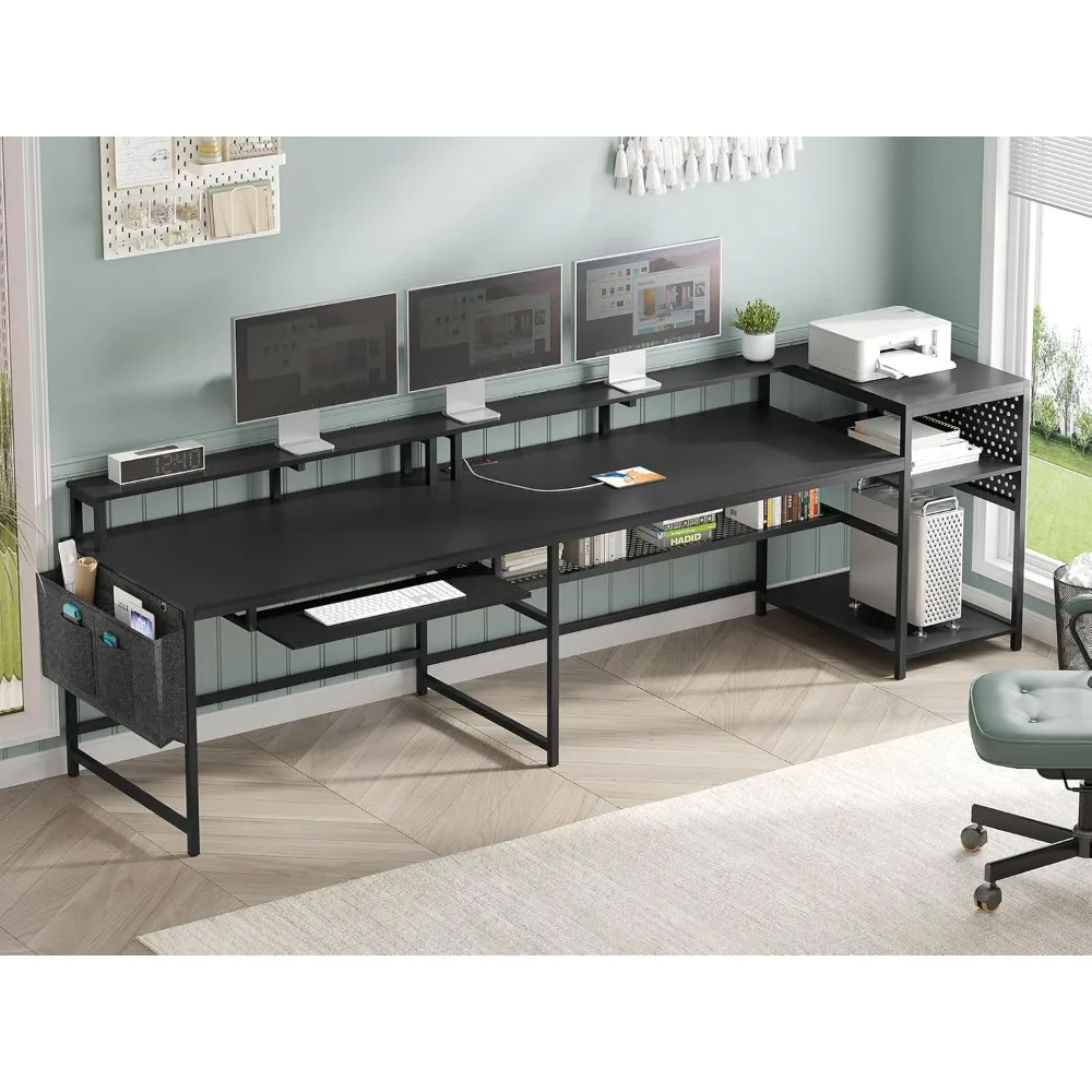L Shaped Gaming Desk, Power Outlets & LED Strip, Monitor Shelf, Keyboard Tray, Pegboard and Storage Shelves, Reversible Desk 6