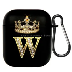 Elegant Diamond Crown Initial AirPods Case - Black Wireless Bluetooth Earphone Cover - Airpods Pro (W)