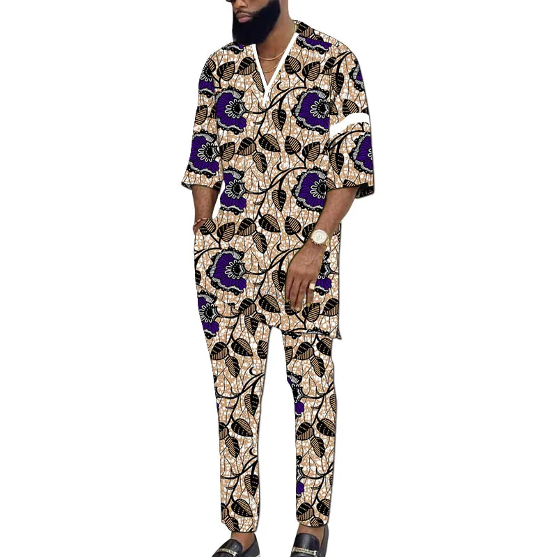 African Fashion Half Sleeves Men's Set White V-Neck Tops Patch Print Trousers Male Groom Suits Party Wear