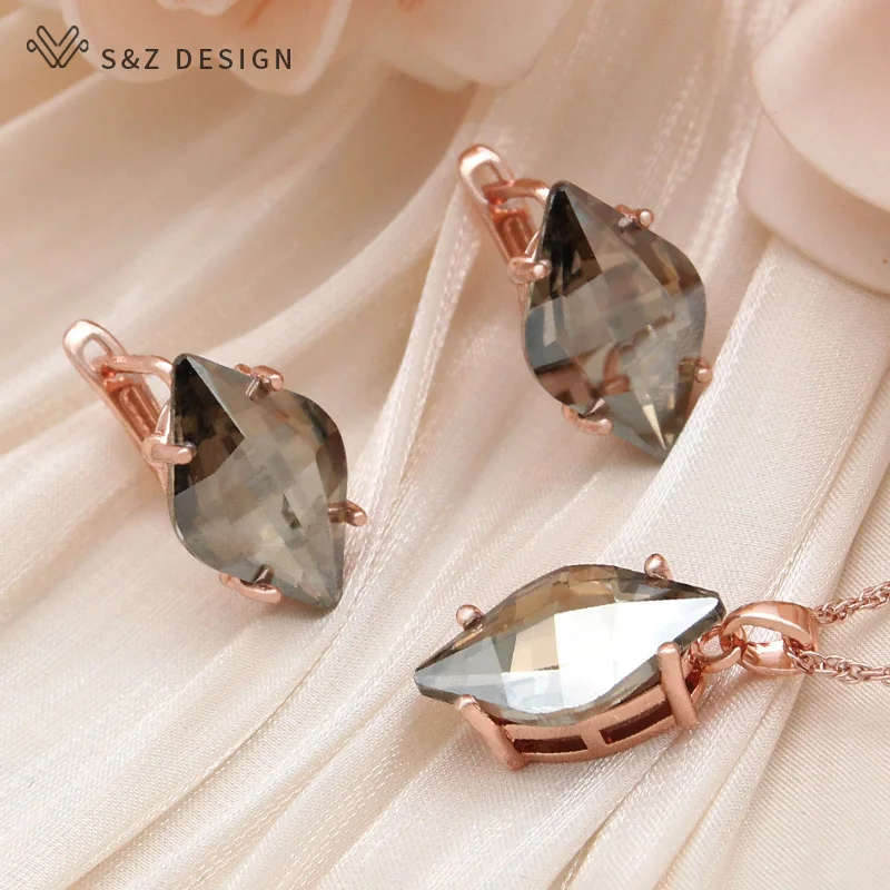 S&Z DESIGN New Fashion Luxury Prismatic Crystal Dangle Earrings  For Women Wedding 585 Rose Gold Color Eardrop Jewelry Gift
