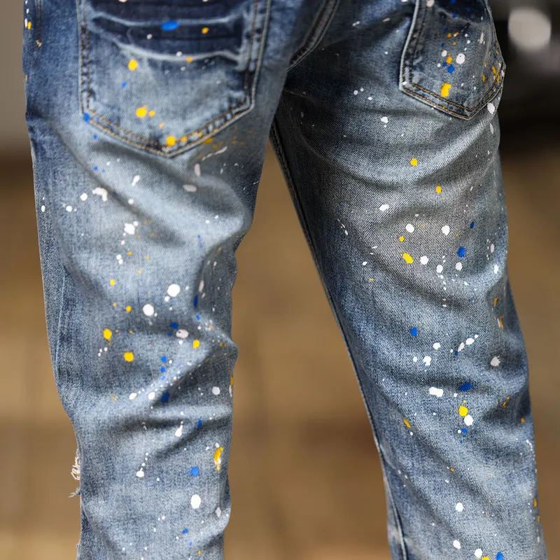 High Street Fashion Men Jeans Retro Light Blue Stretch Skinny Fit Ripped Jeans Men Painted Designer Patched Hip Hop Denim Pants
