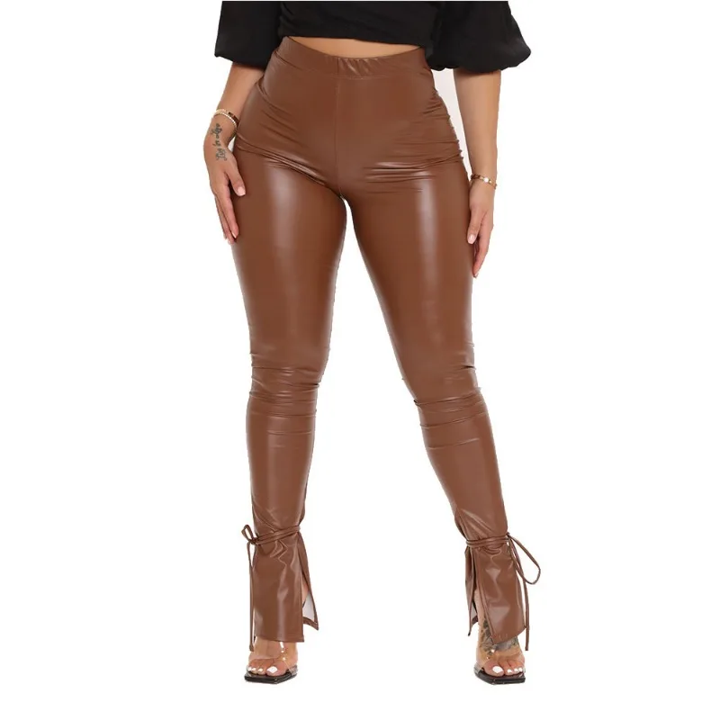 PU High Waist Trousers Women Faux Leather Pants Buckled Zipper Trousers Fashion Slim Fit Skinny Bodycon Pant Club Leggings 2023