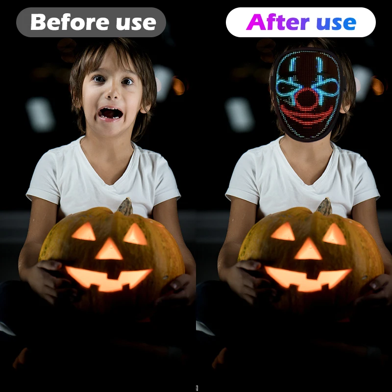 Masque LED à Contrôle Gestuel Et Appli - 2074 LED - Rechargeable USB-C Ou Piles - Pour Halloween, Noël, Cosplay - 225x180mm