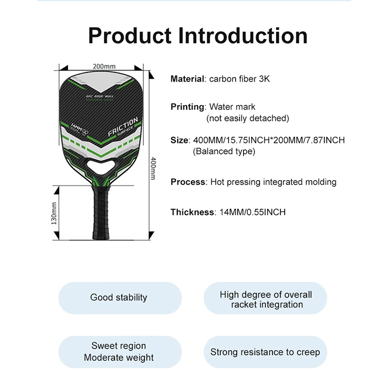 Professional Competition Racket 14MM Thickness Hot Pressed Integrated PP Honeycomb Core 3K Carbon Fiber Pickleball Paddle