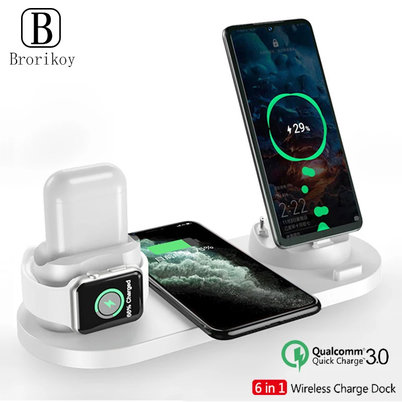 

Беспроводное зарядное устройство 6 в 1 док-станция для iPhone 13 12 Android Type-C USB телефонов 15 Вт Qi Быстрая зарядка для Apple Watch AirPods Pro