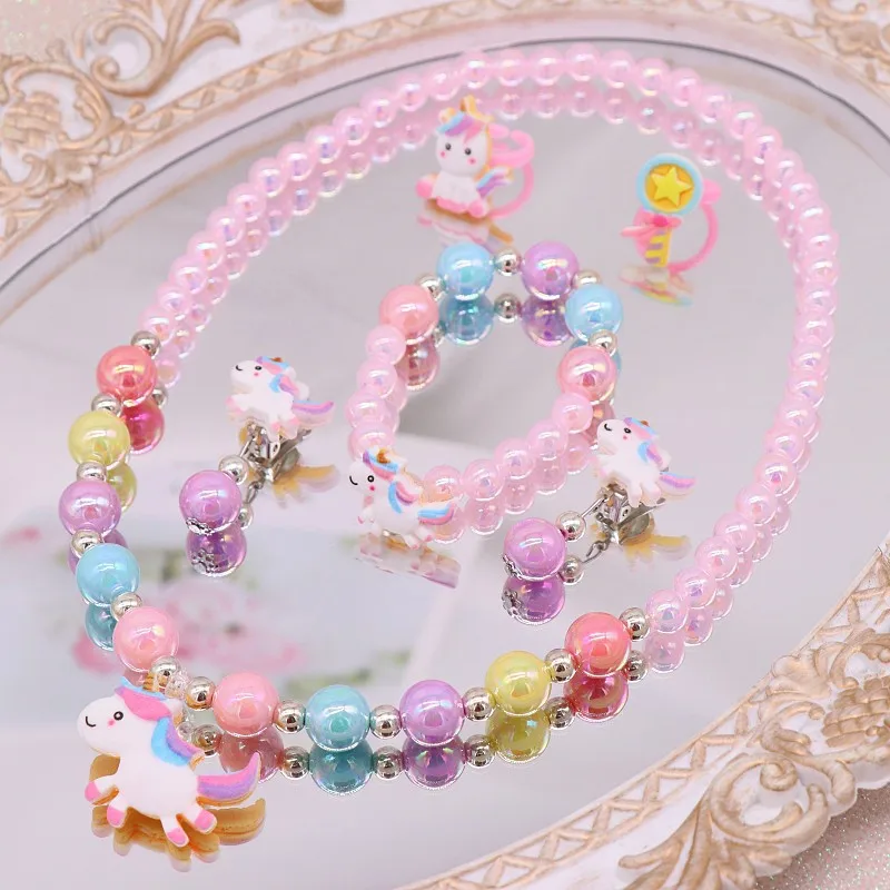 

Kids Necklace Bracelet Set Cartoon Cute Unicorn Girls Students Beaded Jewelry Girls Play House Toys Princess Dress Up Set