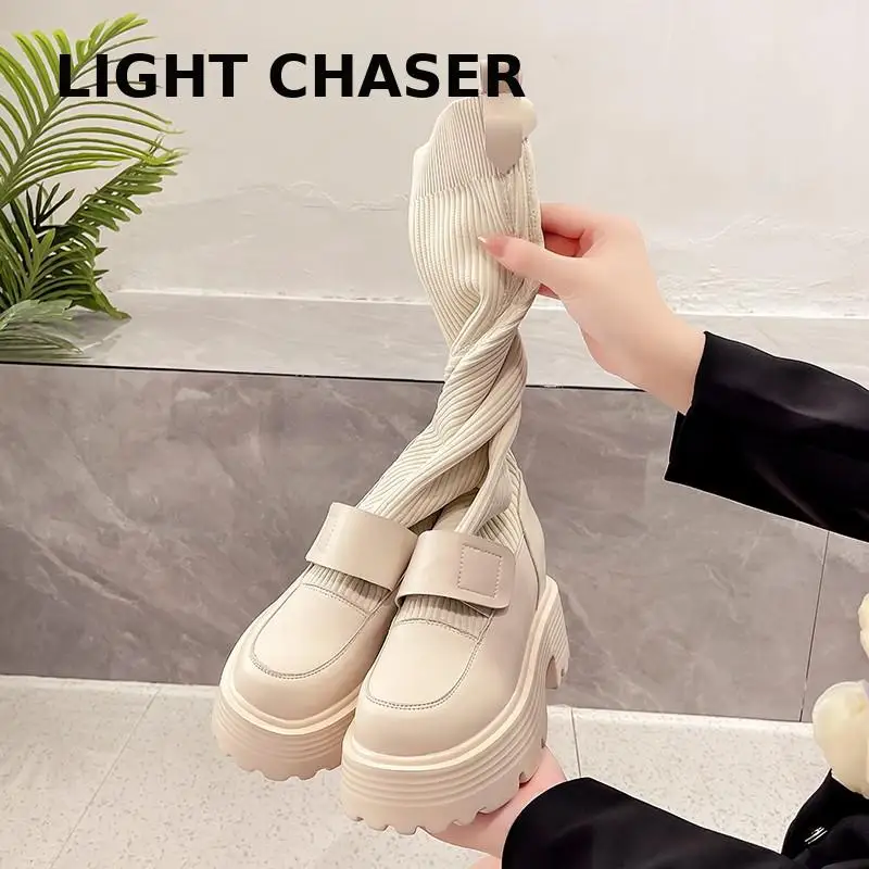Autumn And Winter New Female Elastic Socks Boots Knitted Soles And Knee Long Boots Tight Calf High -heeled Shoes Women's Boots