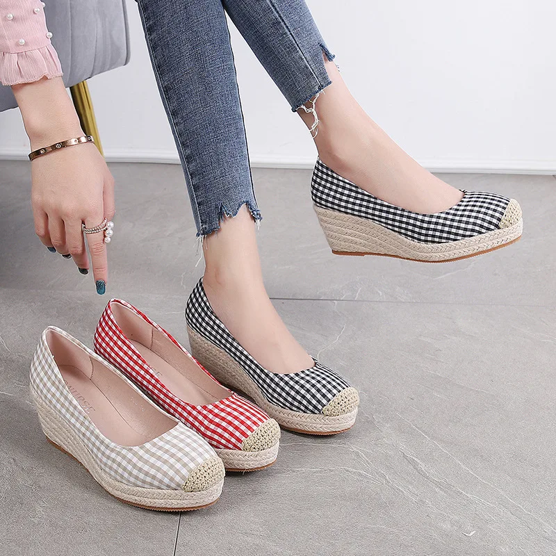 

2022 Fashion Wedges Heels Shoes Women Canvas Footwear Spring Summer Casual Women Shoes Plaid Ladies Wedge Heel 7cm A4247