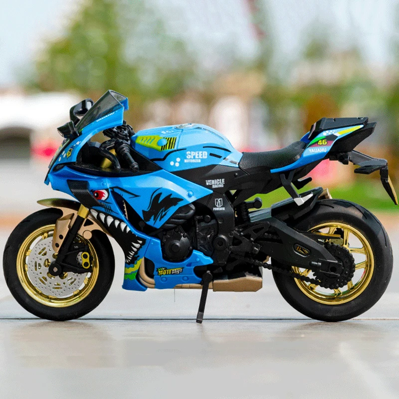 1:10 Yamaha YZF R1M 합금 스케일 오토바이 모델 다이캐스트 장난감 차량 시뮬레이션 사운드 및 라이트 풀백 오프로드 자동차 수집
