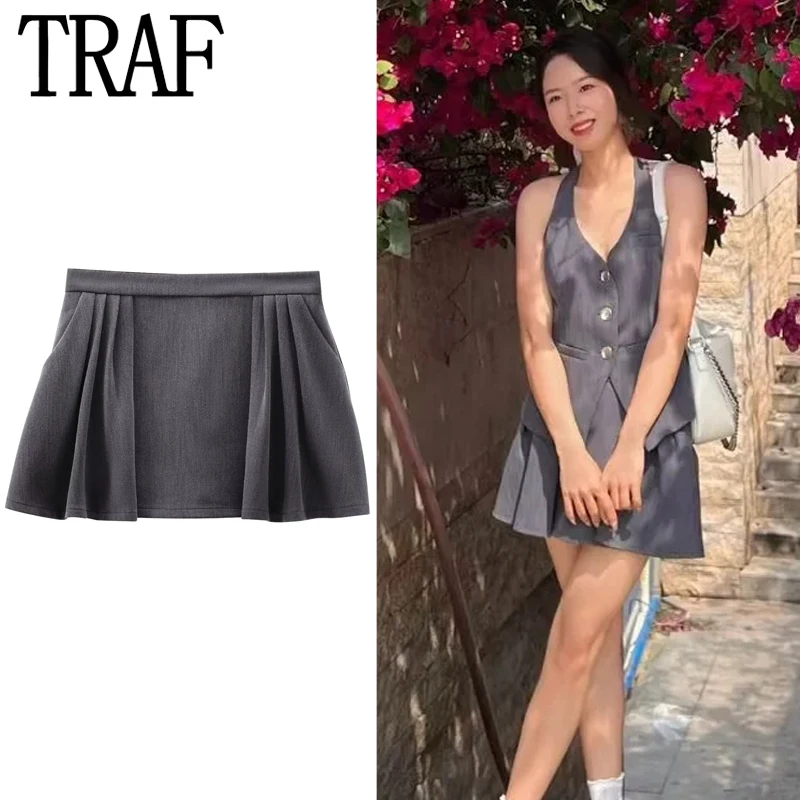 

TRAF Pleated Grey Culotte Women's Shorts Spring Summer Mini High Waist Short Skirt Korean Style Culotte Casual Cargo Short Lady
