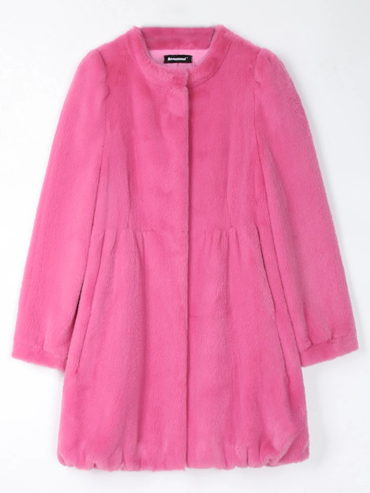 

Nerazzurri Spring Autumn Pleated Light Soft Faux Fur Coat Women Puff Sleeve Crewneck Elegant Fluffy Jacket 4xl 5xl 6xl 7xl