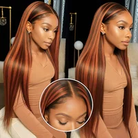 Perruque à mèches en cheveux humains 4/350 #   Perruques Lace Front 13x4 Ombrées Lisses Effet Os, Couleur Roux Orange Brun, Perruque Frontale 13x4 pour Femme 2