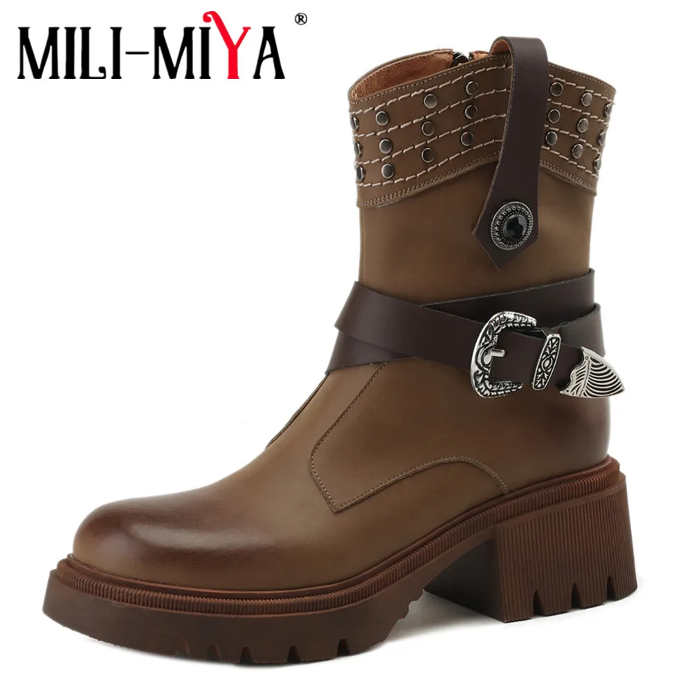 

MILI-MIYA Fashion Martin Shoes Women Full Genuine Leather Ankle Boots Round Toe Thick Heels Metal Rivet Plus Size 34-40 Handmade