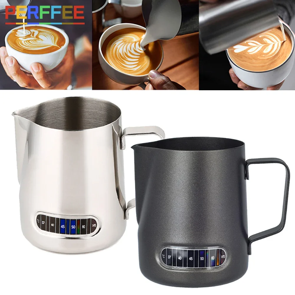 Milk Frother Jug Milk Frothing Jug 350/600ML Stainless Steel Milk Frother Pitcher with Thermometer Indicator Milk Pitcher Barista Coffe Latte Art Cup Jug