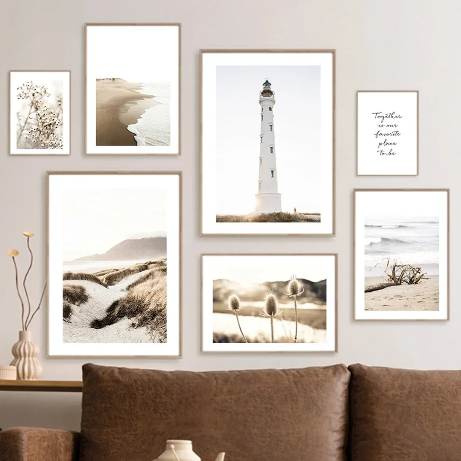 Sea Waves Sand Beach Lighthouse Dry Plant Beige Wall Art Canvas Painting Poster E Stampe Immagini A Parete Per La Decorazione Del Soggiorno