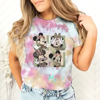 Leopard Minnie Mouse Cartoon T-shirts for Women Tie-dye Short Sleeve Tee Girls Cute Minnie Leopard Print Casual Tops 1