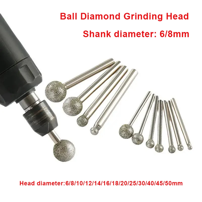 

1Pcs 6/8mm Shank Ball Diamond Grinding Head 6-50mm Coarse/Fine Engraving Bit For Stone Jade Carve Polishing Abrasive Accessories