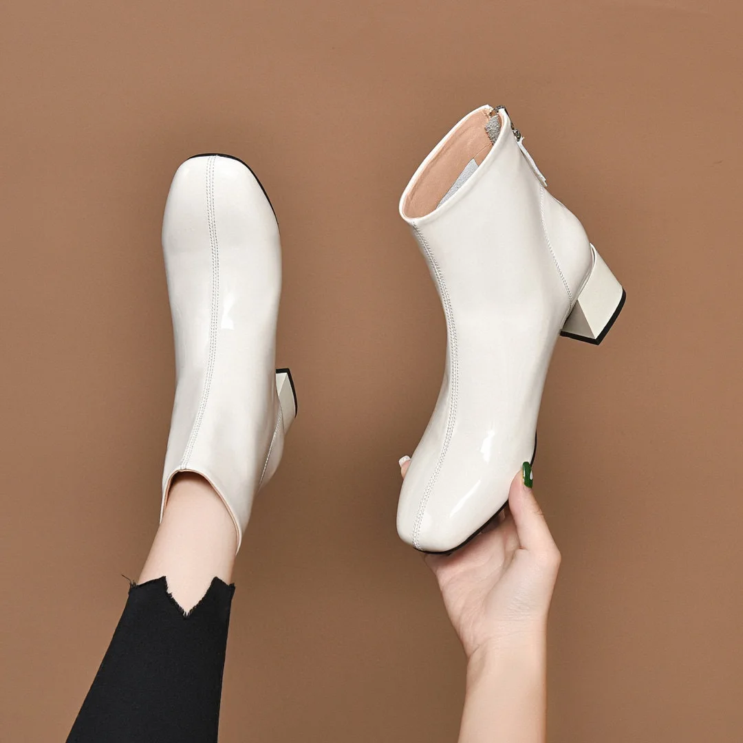 

Fashion Boots 2023 Autumn Winter New Square Headed Simple Elegant Back Zipper Cow Lacquer Leather Small Naked Boots
