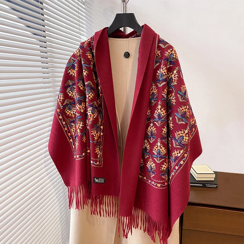 2024 Elegant Ladies' Embroidery Pashmina Scarves Winter Thick Warmth Long Tassel The Shawl Coldproof Windproof Blanket Scarf