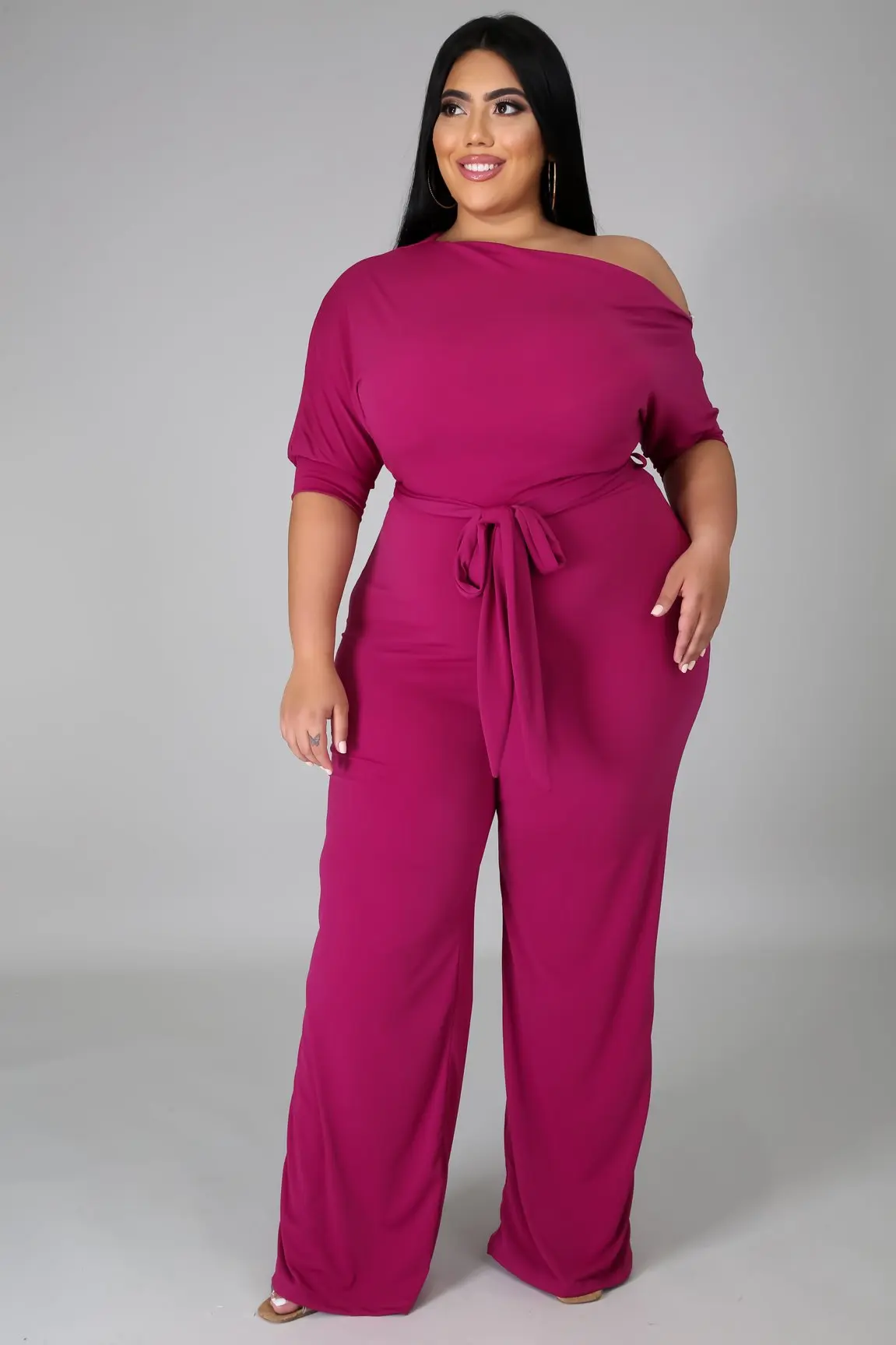 Plus Size Women Jumpsuit Solid One Shoulder One Piece Outfit Lady Casual Wide Leg Pants 2022 Summer Female Belt Wholeale Clothes