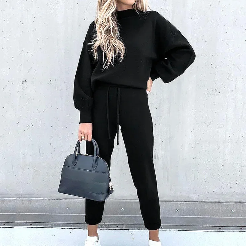 Women's High Collar Sweater and Trousers Set  Casual Pure Color 2-Piece Autumn and Winter 2024