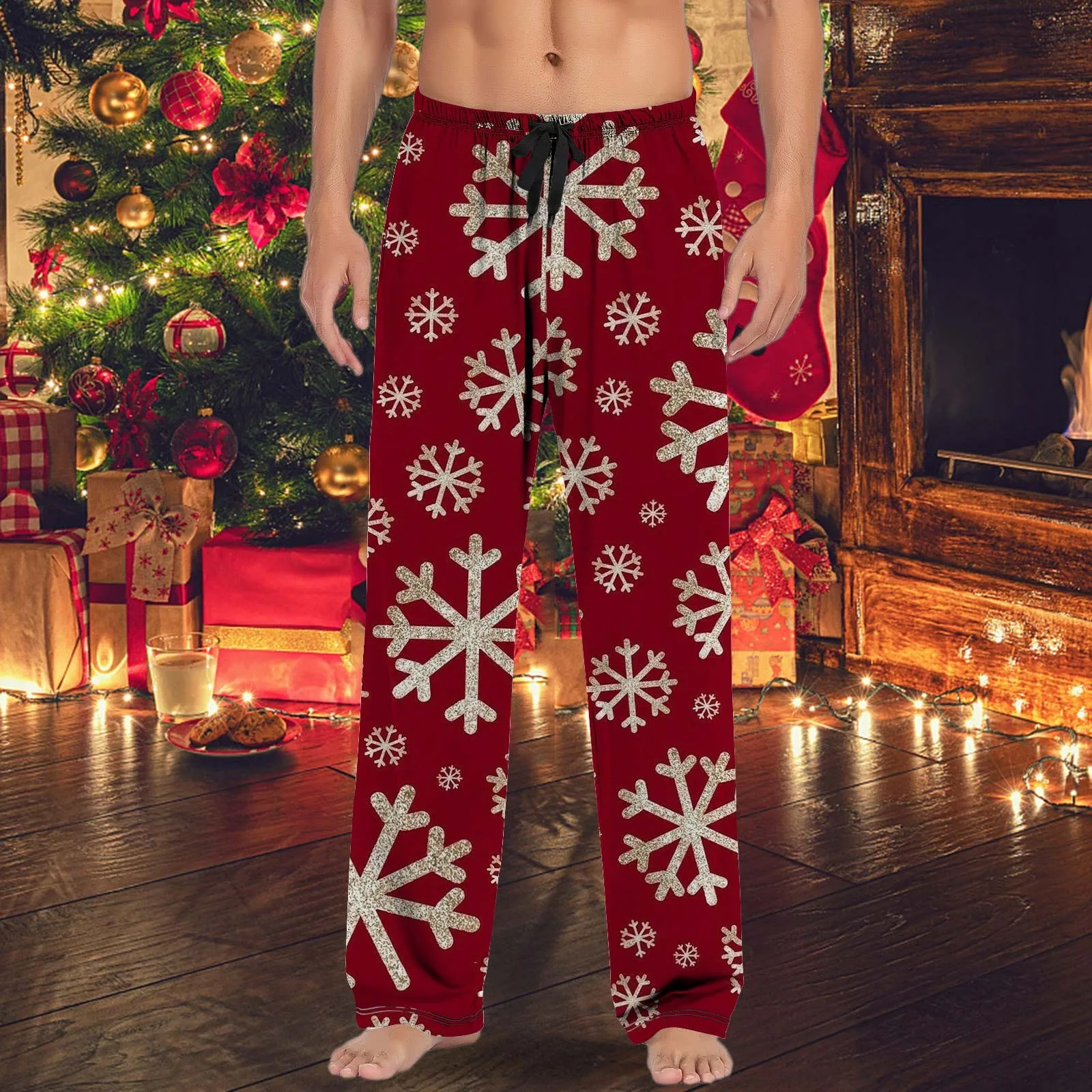 

Мужские рождественские повседневные пижамные брюки с кулиской и карманами, семейная модель, свободные мягкие прямые брюки с принтом рождественской елки