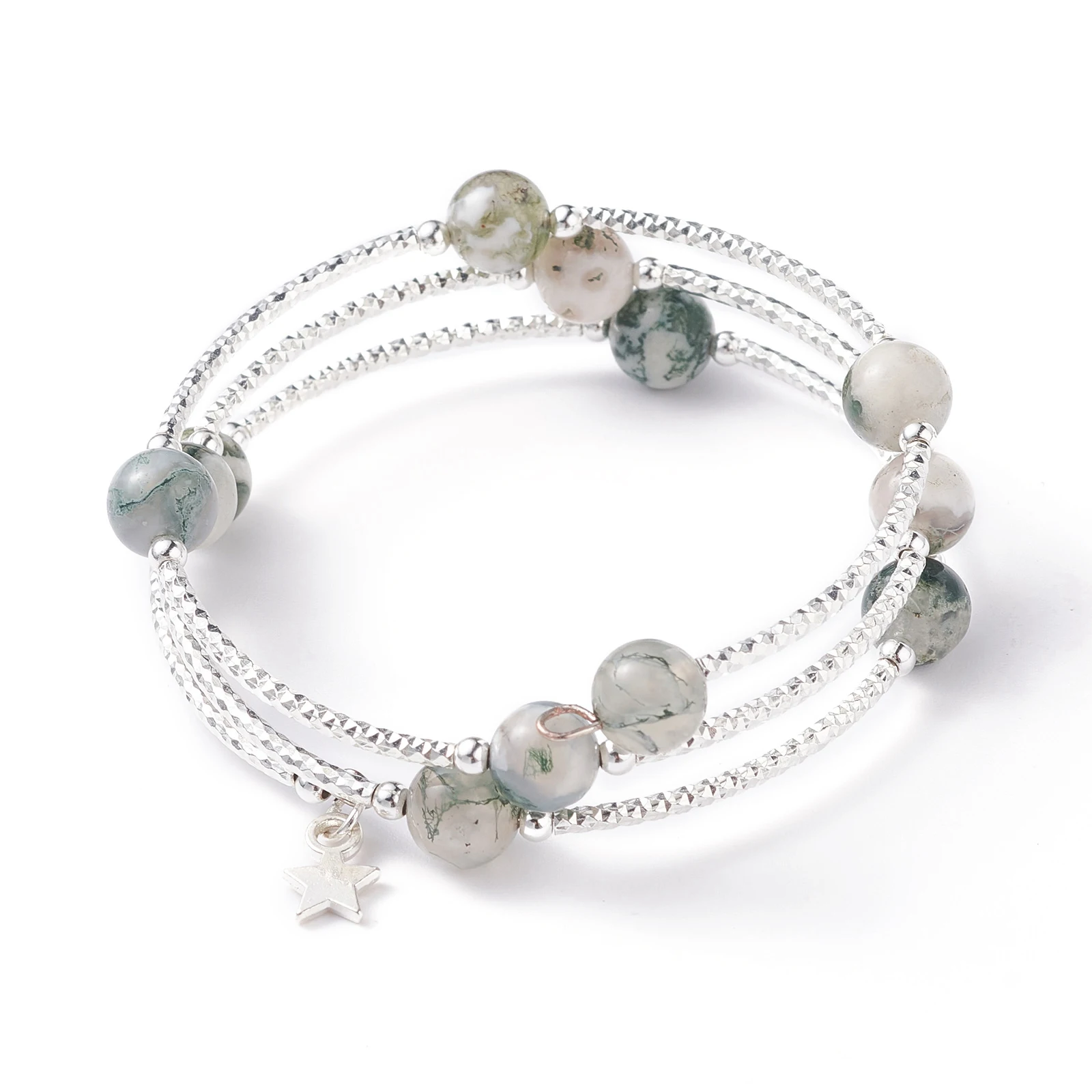 Kissitty 4Style Natural Mixed Stone Round Beaded Wrap Bracelets For Women 3 Loops With Tiny Star Bracelets Jewelry Findings Gift