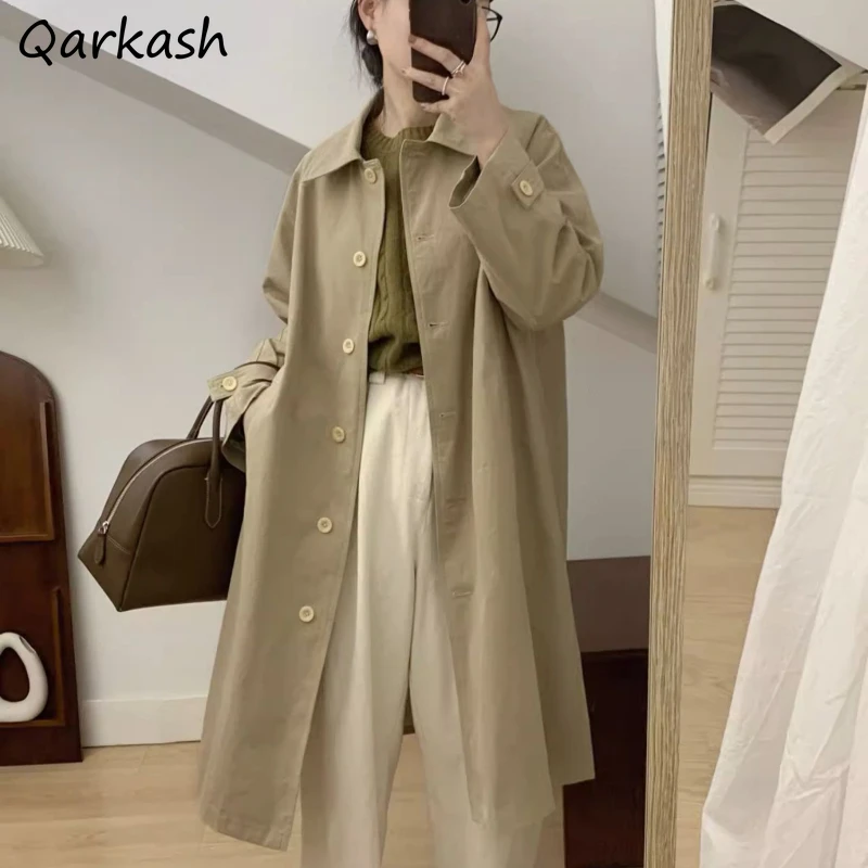 

Тренчкот женский однотонный в Корейском стиле, модный простой Универсальный уличный плащ для отдыха, весна для студентов, прямой с карманами
