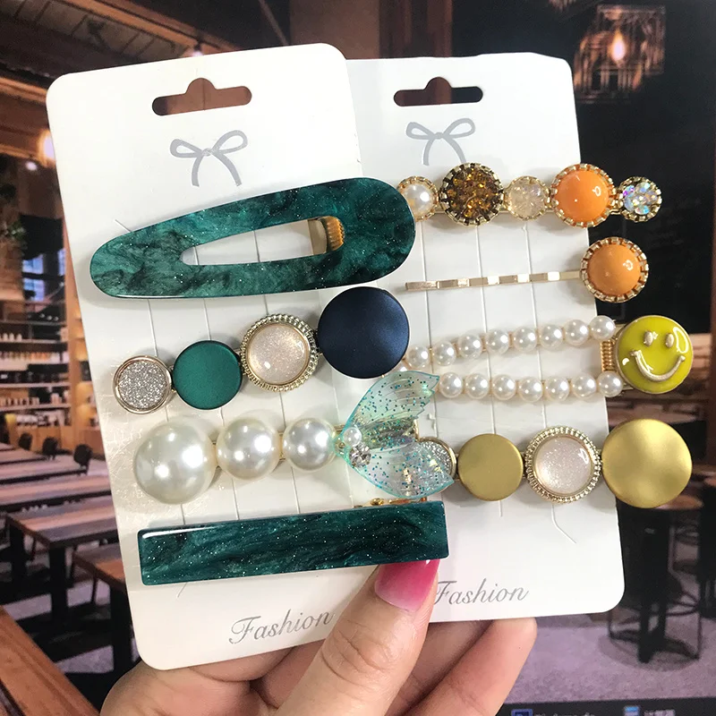 Pearl Crystal Acrylic Hair Clips Set for Women Retro Geometric Barrettes Hairpin Hair Accessories