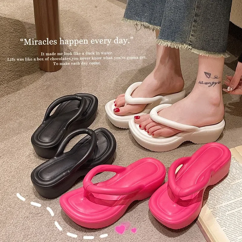 Korean style Wedge Flip Flops for Women - Thick EVA Cloud Cushion Slippers, Anti-Slip Outdoor Beach Sandals with Toe Post