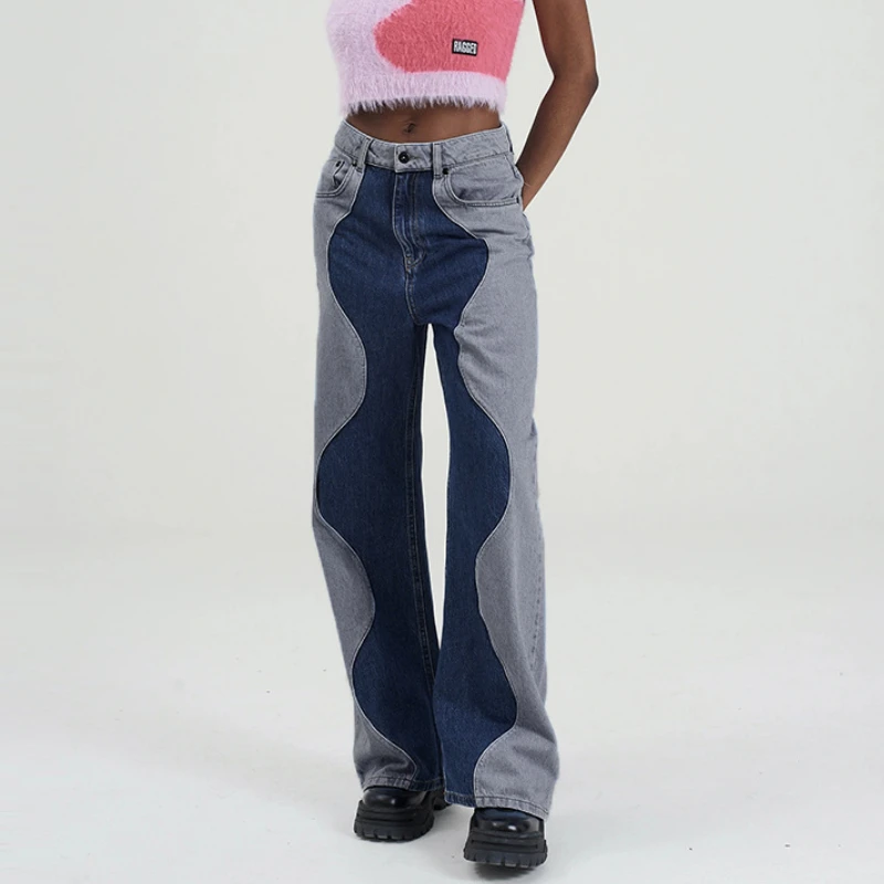 

WeiYao Wave Patchwork Vintage Denim Pants Harajuku Baggy Y2K High Waist Straight Leg Cargo Bule Jeans For Women Streetwear 90s