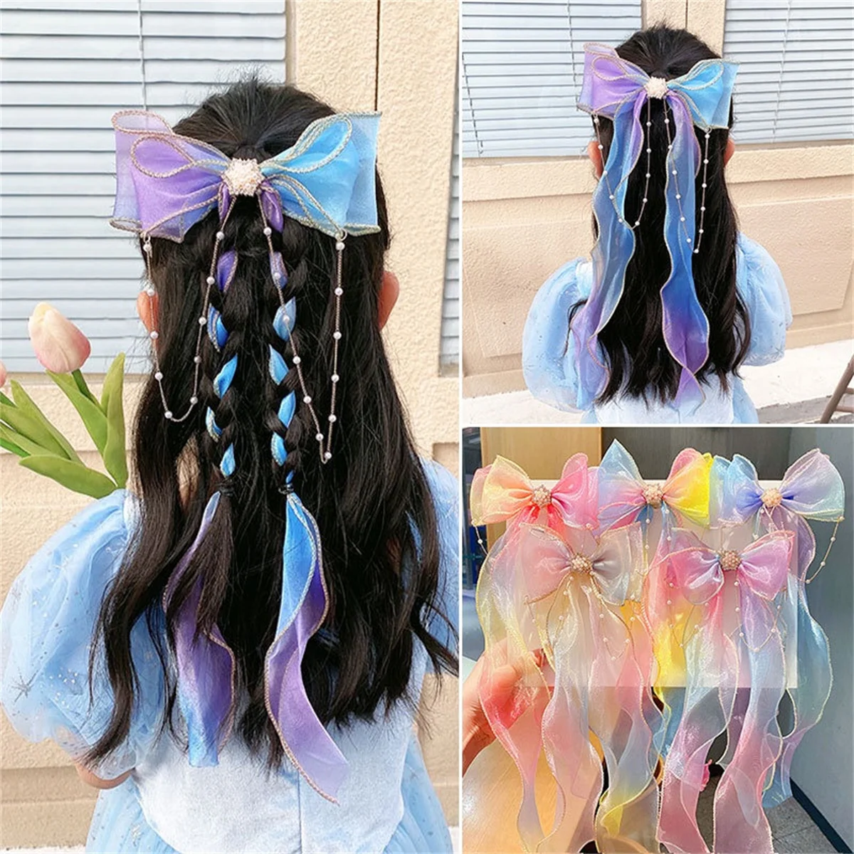 5 Styles Large Ribbon Headband Princess Girl Imitation Pearl Bow Tie Braided Hair Accessories