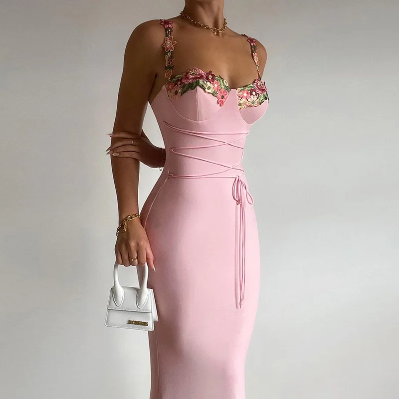 

Pink Sheath Prom Dress 3D Flower Appliqued Sleeveless Lace Up Sexy Strap Formal Party Evening Gown Pageant Cocktail Robes