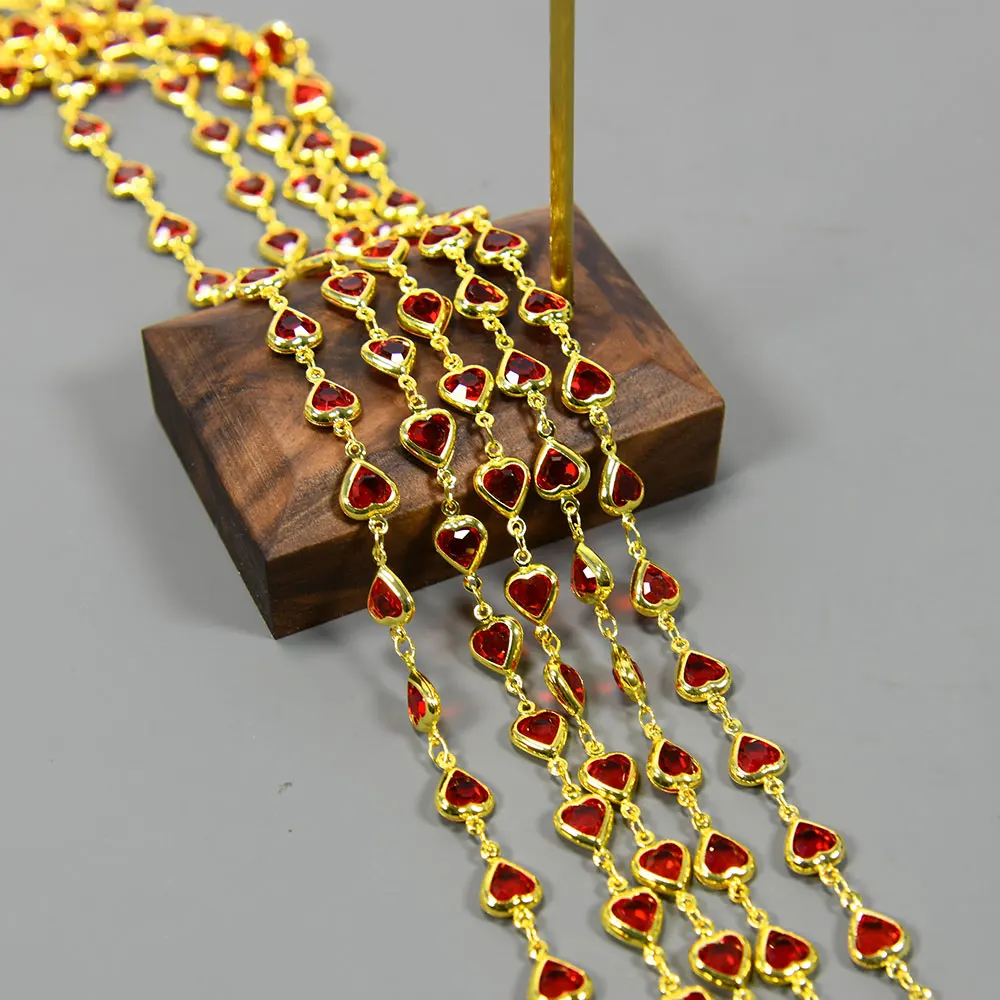 APDGG  5 Meters 7.5mm Red Glass Heart Crystal Gold Plated Copper Fashion Bezel Set Chain Paperclip Neck Necklace Making DIY