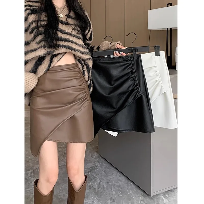 

S- 4XL Plus Size Clothes PU Leather Skirt Women Winter Good Quality Slim Mini Skirts Vintage Female Faux Leather High Waist 2024