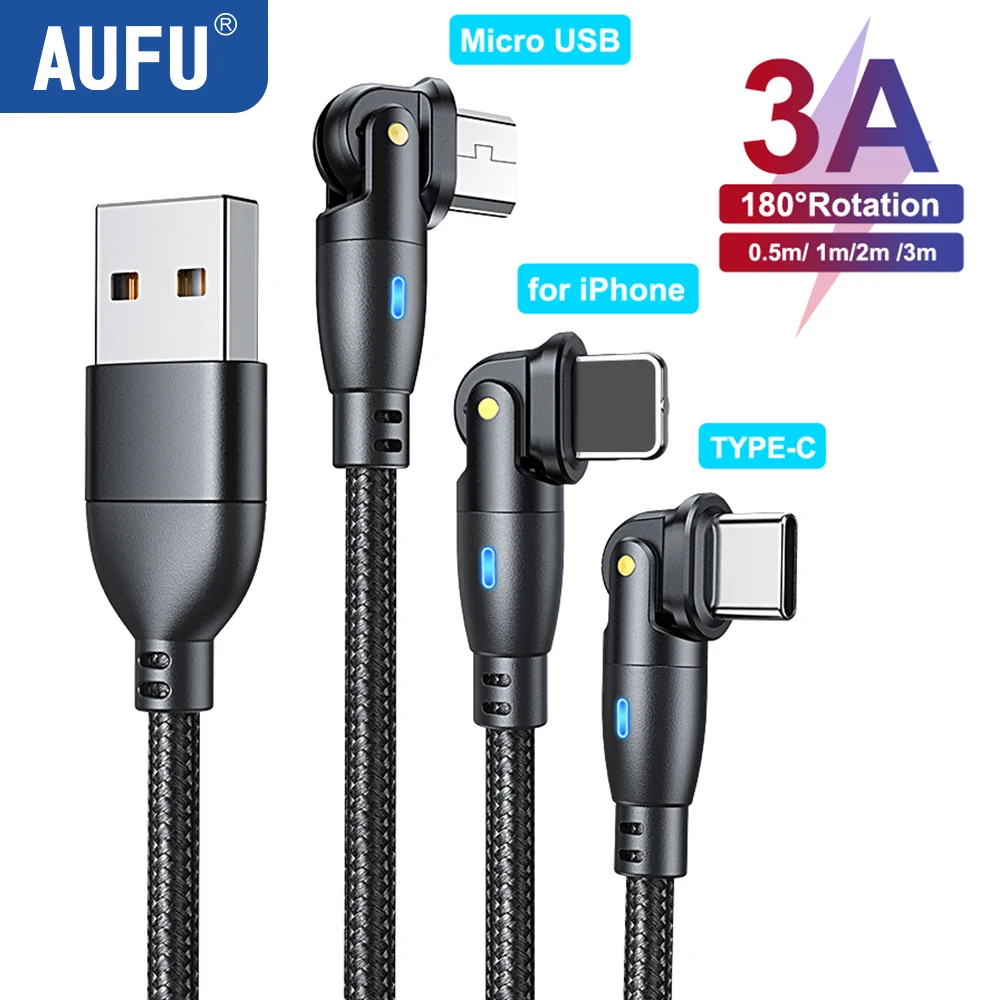 Кабель зарядный AUFU, 3 А, USB Type-C, поворот на 180 градусов, 3 м Кабель зарядный AUFU, 3 А, USB Type-C, поворот на 180 градусов, 3 м